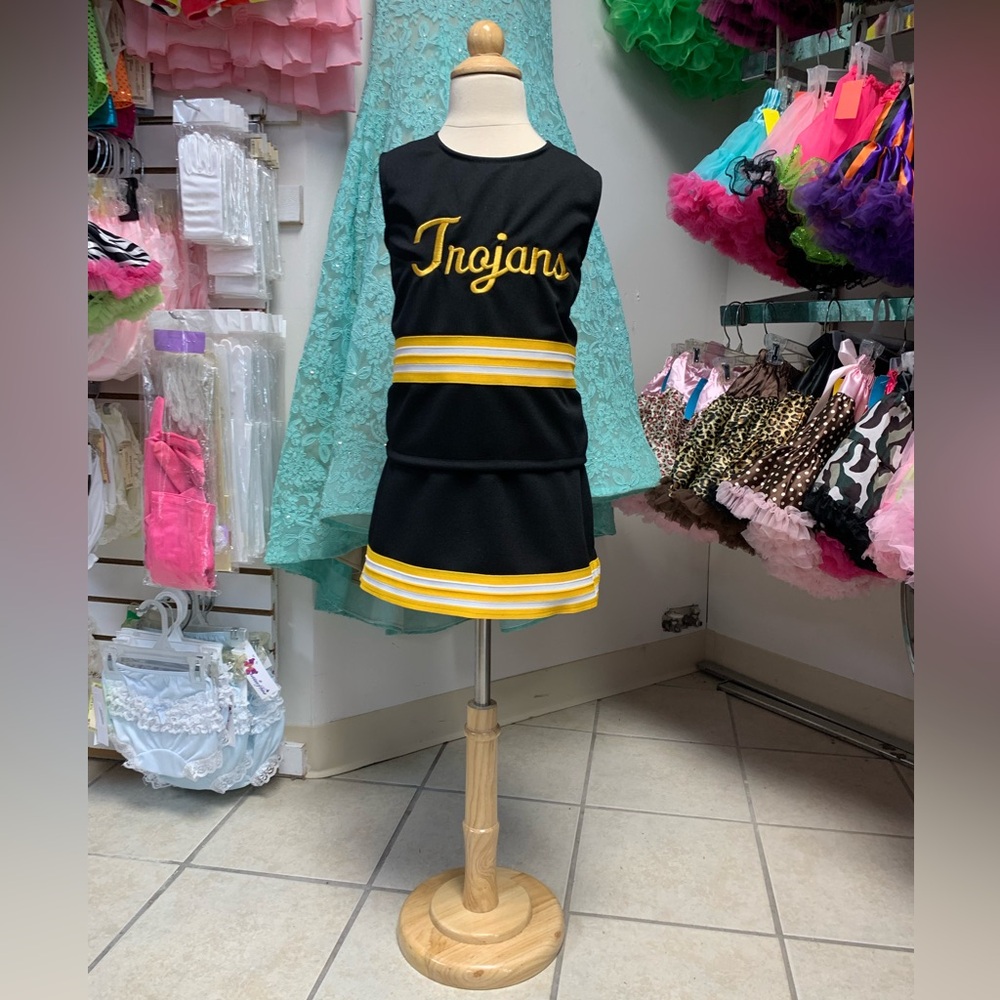 Childs Size 4 or 12 Black & Gold Trojans Logo Cheerleading Uniform Set NWT